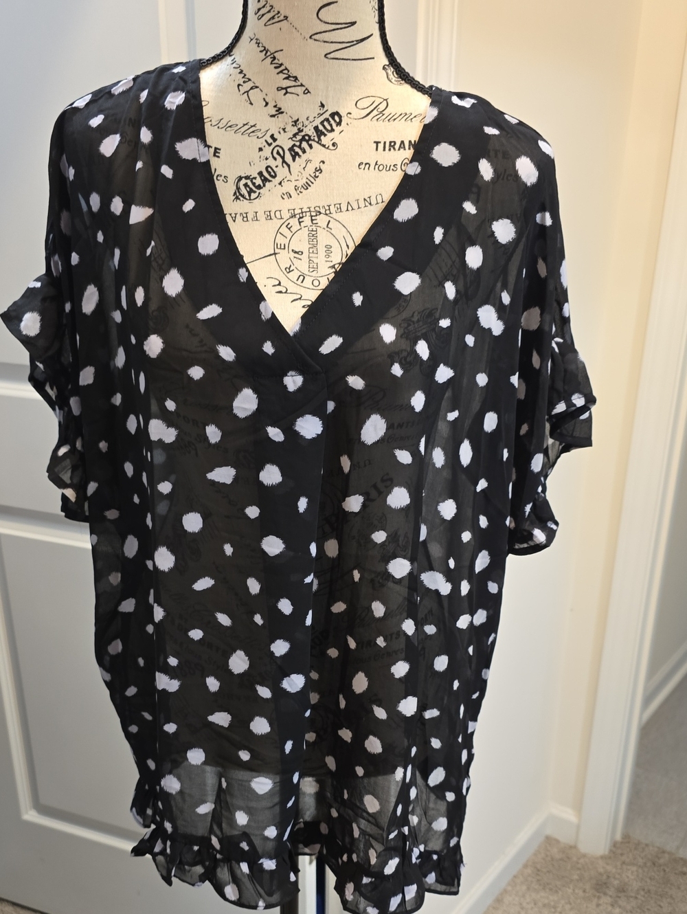 Umgee Black Blouse with White Polka Dot Print